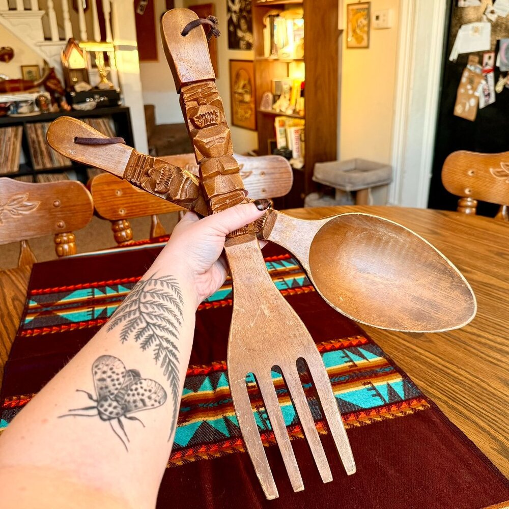 Vintage Large Wooden Hand Carved Wall Hanging Tiki Style Spoon & Fork